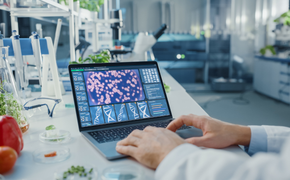 Male,Scientist,Working,On,A,Laptop,Computer,With,Display,Showing